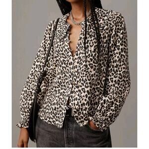 Pilcro For Anthropology Women's M Leopard Print Balloon Sleeve Blouse Top Boho